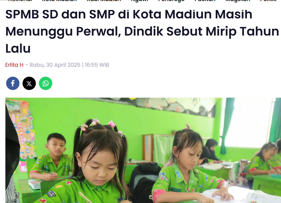 SPMB SD dan SMP di Kota Madiun Masih Menunggu Perwal, Dindik Sebut Mirip Tahun Lalu