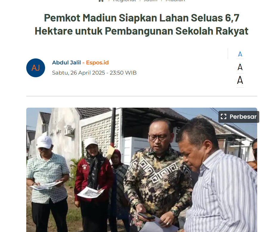 Pemkot Madiun Siapkan Lahan Seluas 6,7 Hektare untuk Pembangunan Sekolah Rakyat
