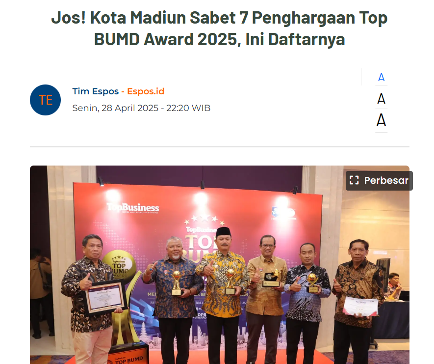 Jos! Kota Madiun Sabet 7 Penghargaan Top BUMD Award 2025, Ini Daftarnya