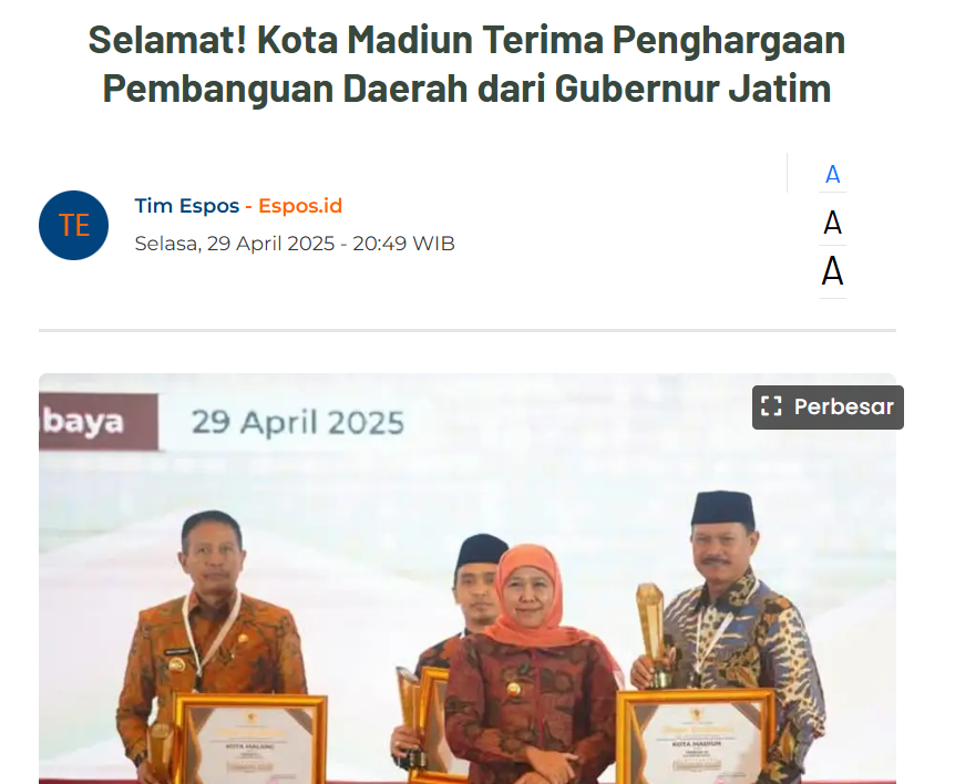 Selamat! Kota Madiun Terima Penghargaan Pembanguan Daerah dari Gubernur Jatim