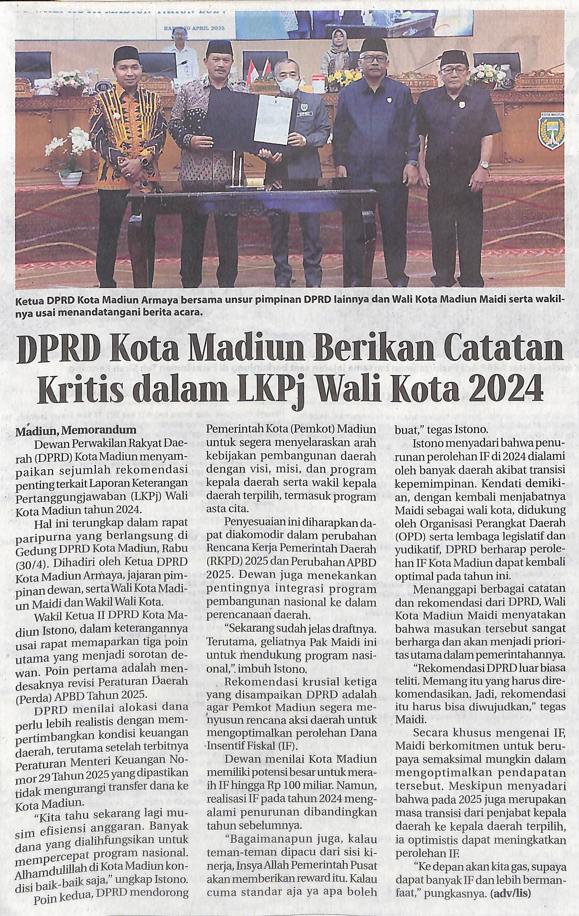 DPRD Kota Madiun Berikan Catatan Kritis dalam LKPJ Wali Kota 2024
