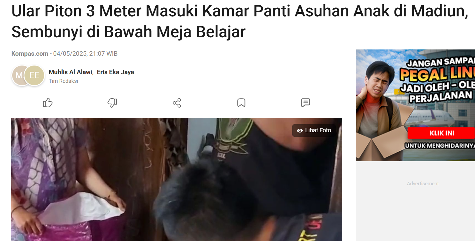 Ular Piton 3 Meter Masuki Kamar Panti Asuhan Anak di Madiun, Sembunyi di Bawah Meja Belajar