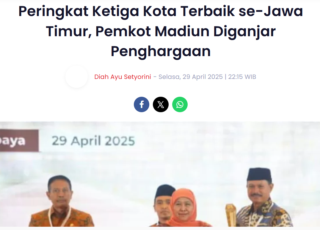 Peringkat Ketiga Kota Terbaik se-Jawa Timur, Pemkot Madiun Diganjar Penghargaan