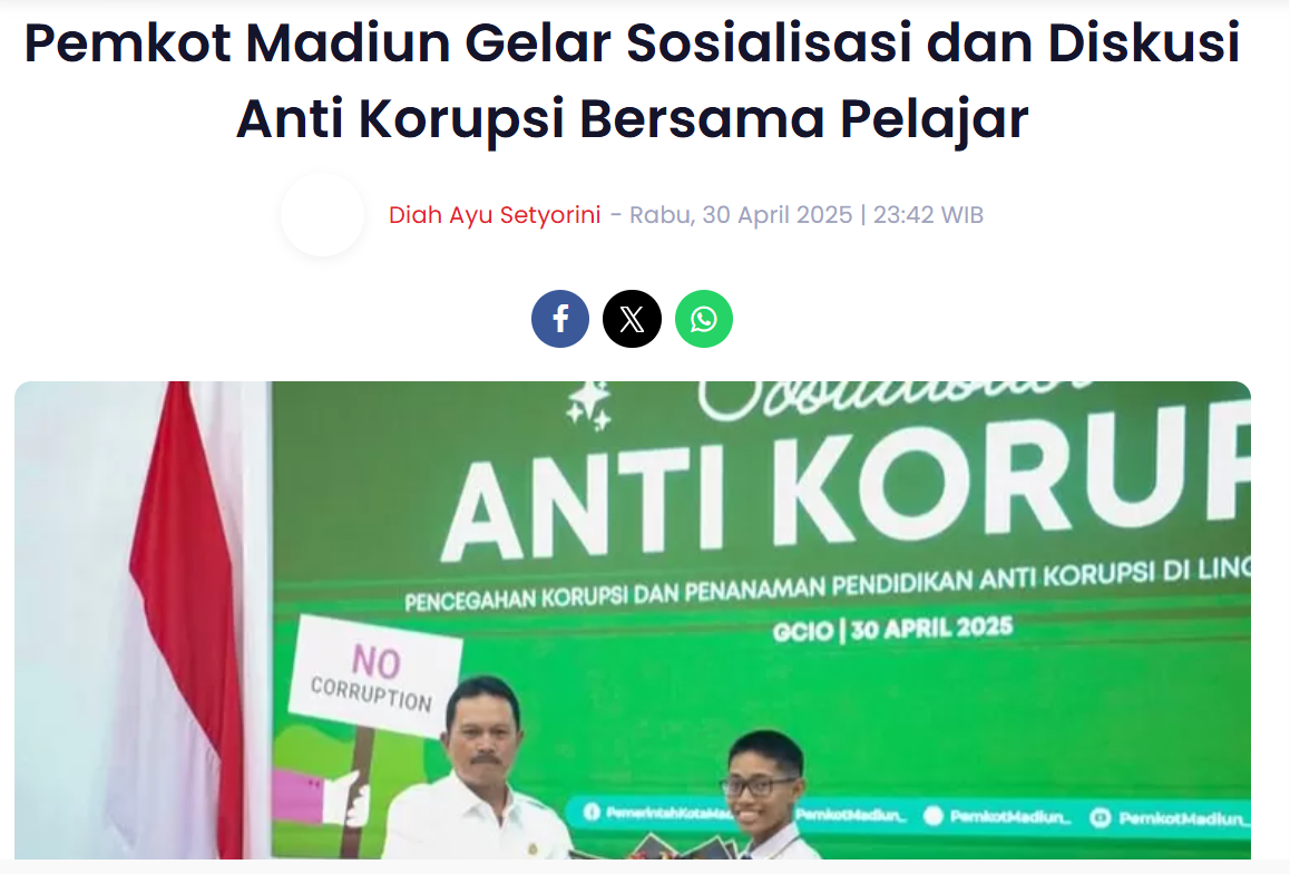 Pemkot Madiun Gelar Sosialisasi dan Diskusi Anti Korupsi Bersama Pelajar