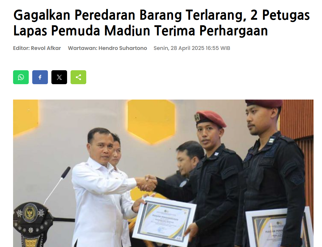 Gagalkan Peredaran Barang Terlarang, 2 Petugas Lapas Pemuda Madiun Terima Perhargaan