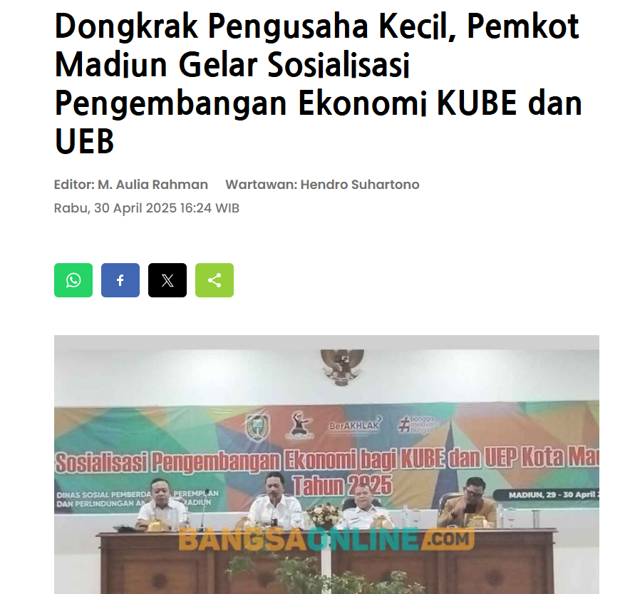 Dongkrak Pengusaha Kecil, Pemkot Madiun Gelar Sosialisasi Pengembangan Ekonomi KUBE dan UEB