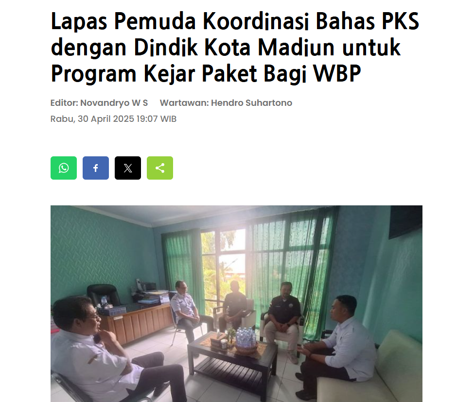 Lapas Pemuda Koordinasi Bahas PKS dengan Dindik Kota Madiun untuk Program Kejar Paket Bagi WBP