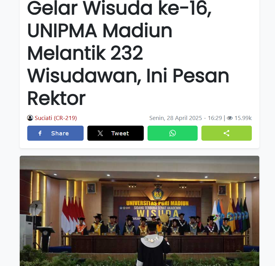 Gelar Wisuda ke-16, UNIPMA Madiun Melantik 232 Wisudawan, Ini Pesan Rektor