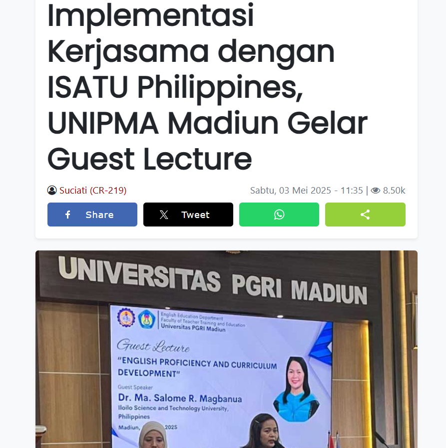 Implementasi Kerjasama dengan ISATU Philippines, UNIPMA Madiun Gelar Guest Lecture