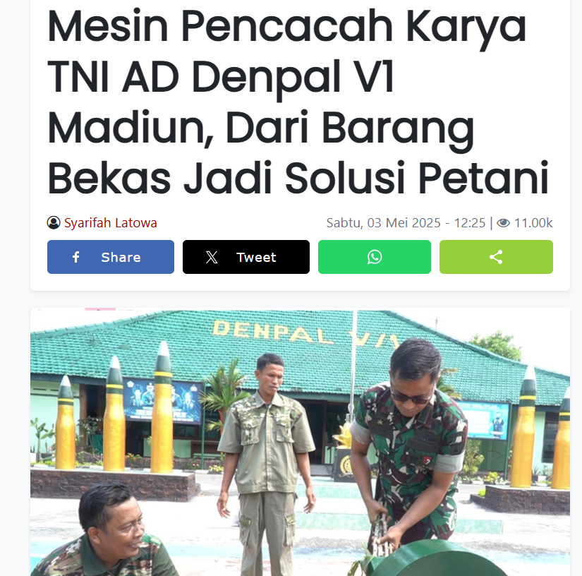 Mesin Pencacah Karya TNI AD Denpal V1 Madiun, Dari Barang Bekas Jadi Solusi Petani