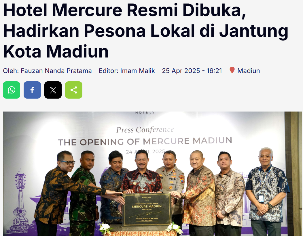 Hotel Mercure Resmi Dibuka, Hadirkan Pesona Lokal di Jantung Kota Madiun