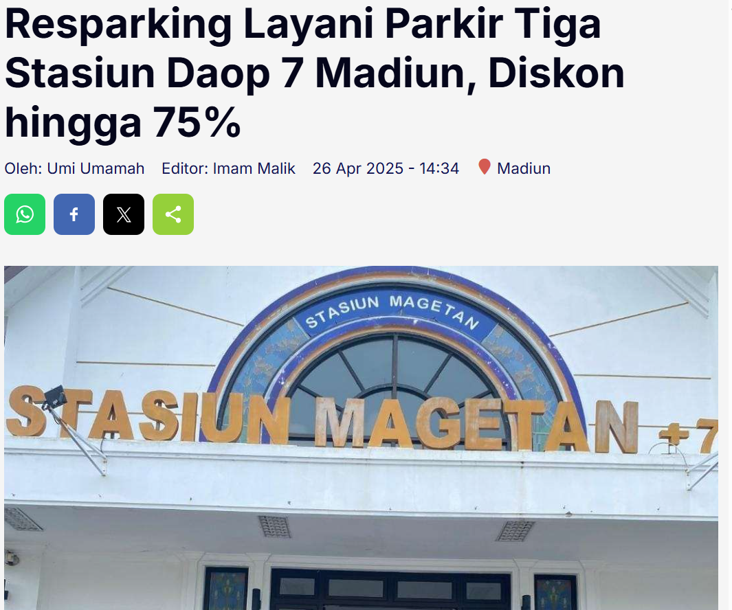 Resparking Layani Parkir Tiga Stasiun Daop 7 Madiun, Diskon hingga 75%