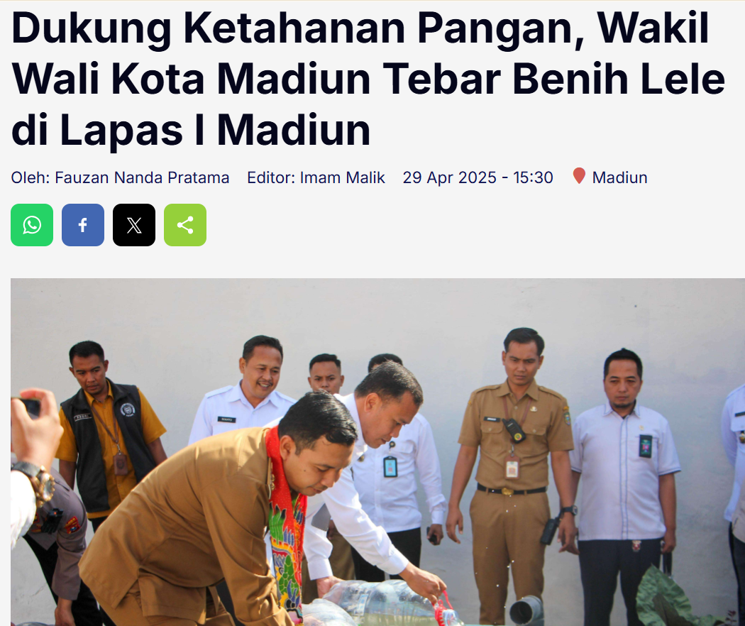 Dukung Ketahanan Pangan, Wakil Wali Kota Madiun Tebar Benih Lele di Lapas I Madiun