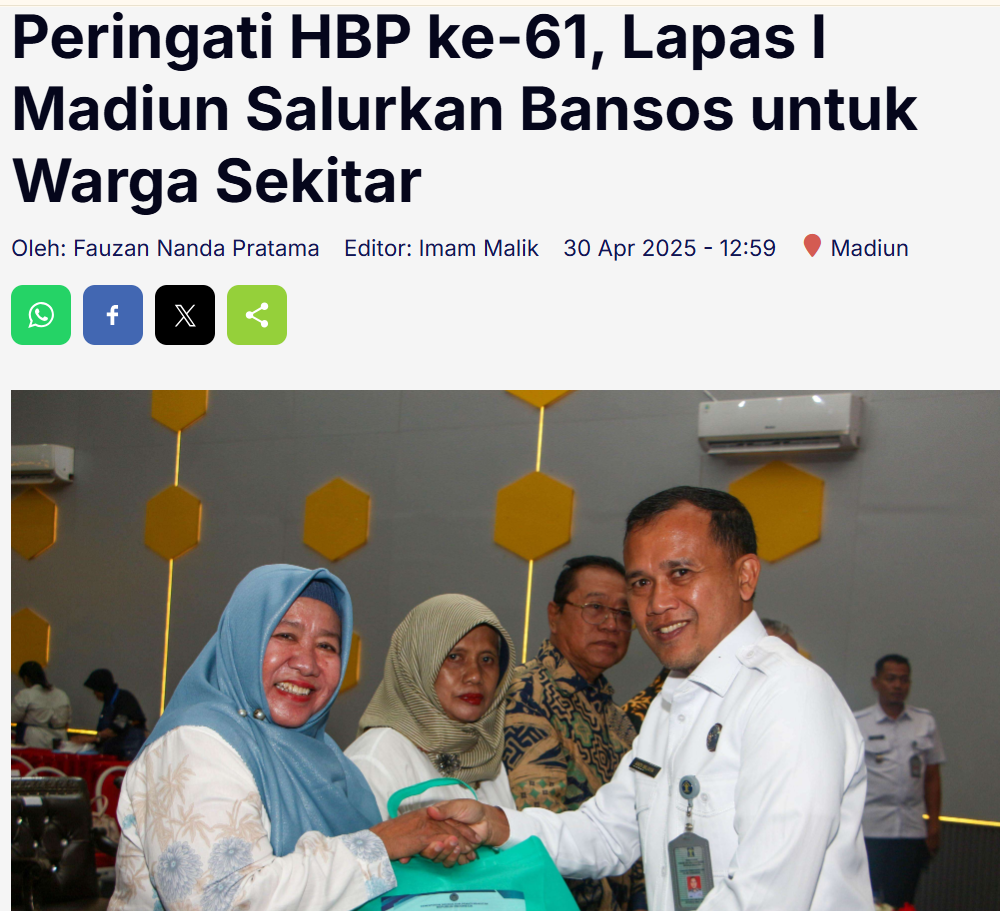 Peringati HBP ke-61, Lapas I Madiun Salurkan Bansos untuk Warga Sekitar