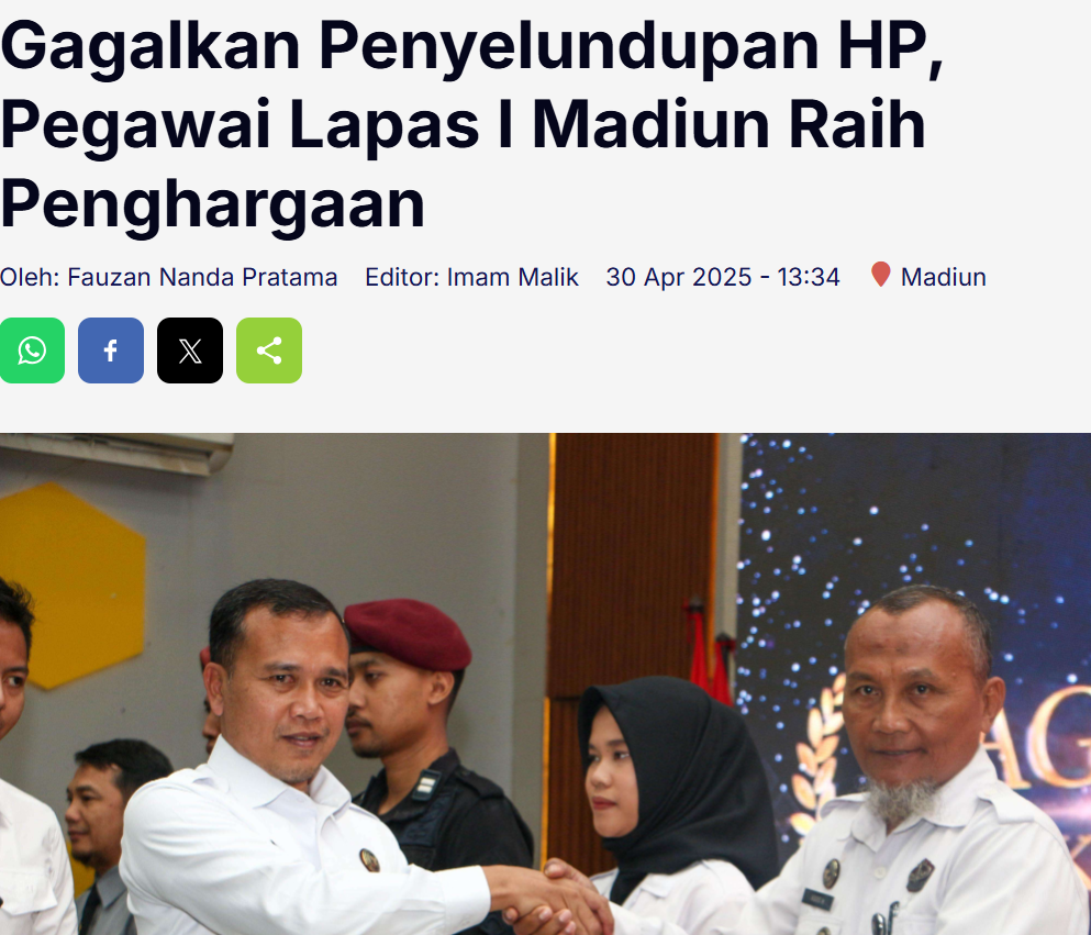 Gagalkan Penyelundupan HP, Pegawai Lapas I Madiun Raih Penghargaan
