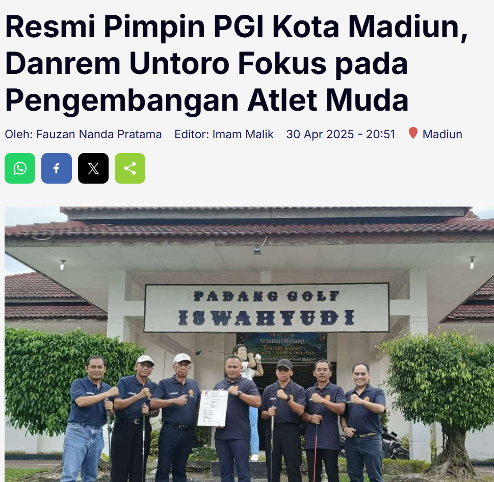 Resmi Pimpin PGI Kota Madiun, Danrem Untoro Fokus pada Pengembangan Atlet Muda
