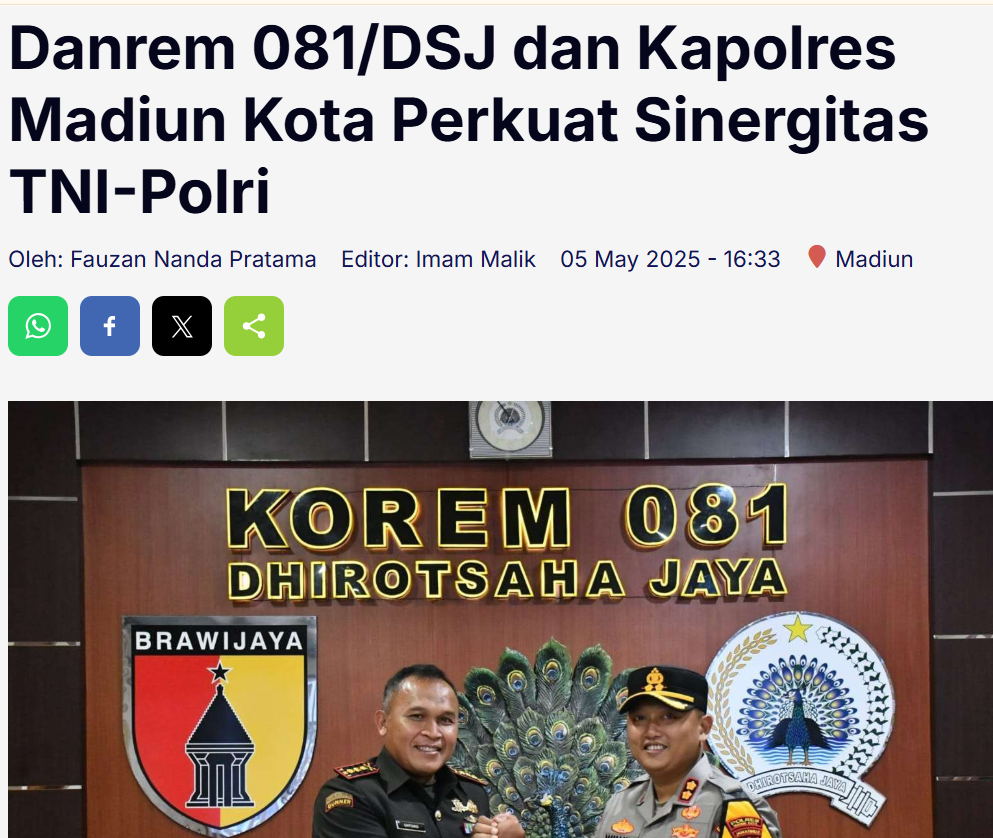 Danrem 081/DSJ dan Kapolres Madiun Kota Perkuat Sinergitas TNI-Polri