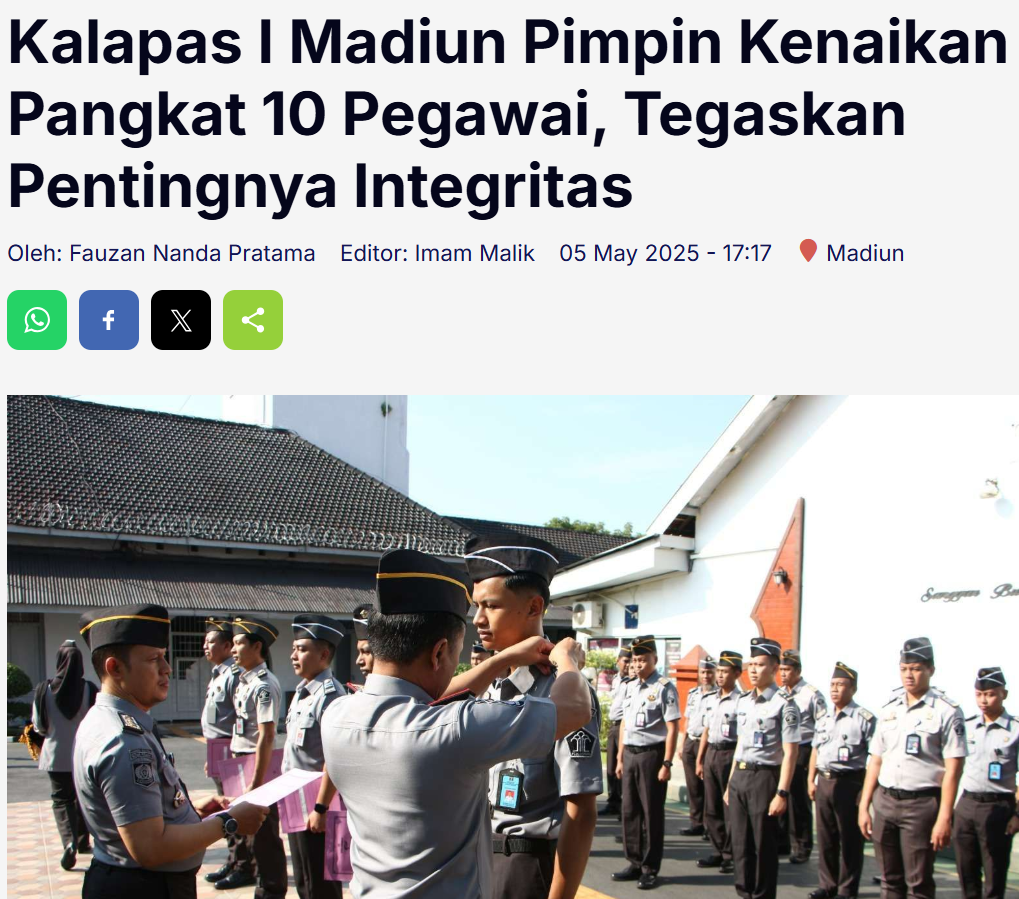 Kalapas I Madiun Pimpin Kenaikan Pangkat 10 Pegawai, Tegaskan Pentingnya Integritas