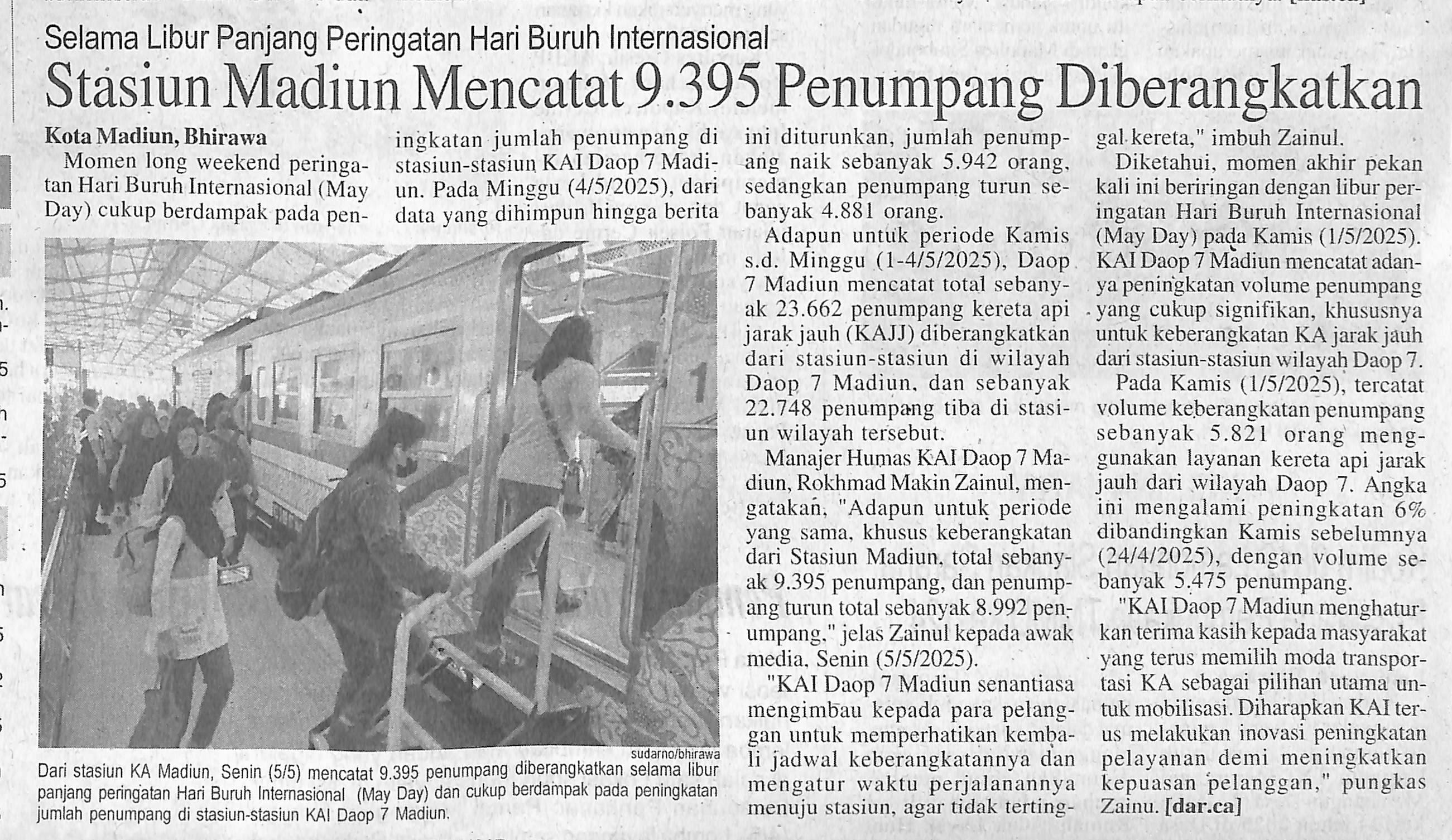 Stasiun Madiun Mencatat 9.395 Penumpang Diberangkatkan