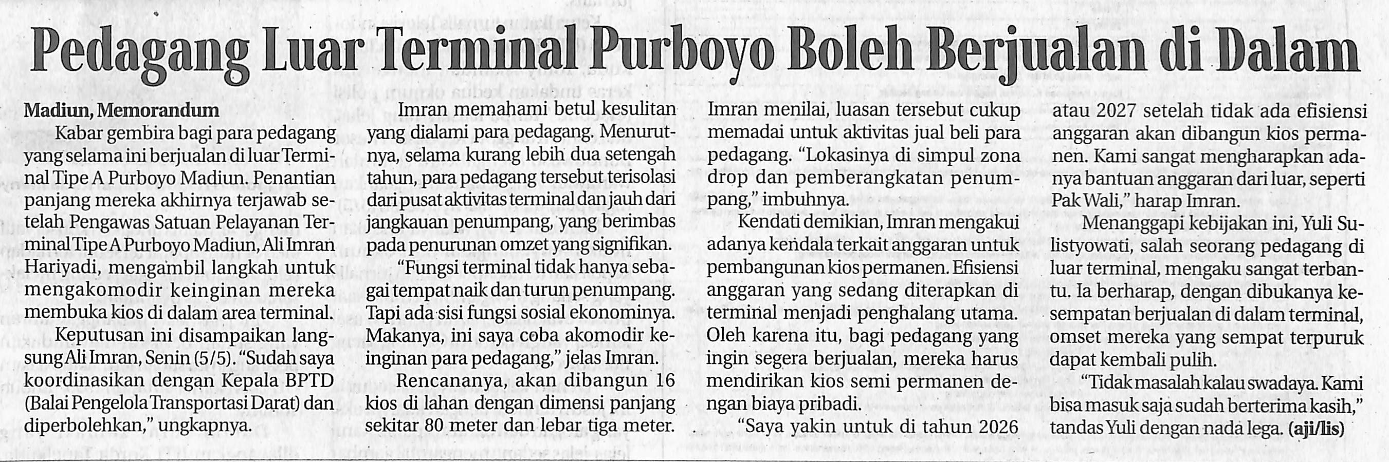 Pedagang Luar Terminal Purboyo Boleh Berjualan di Dalam