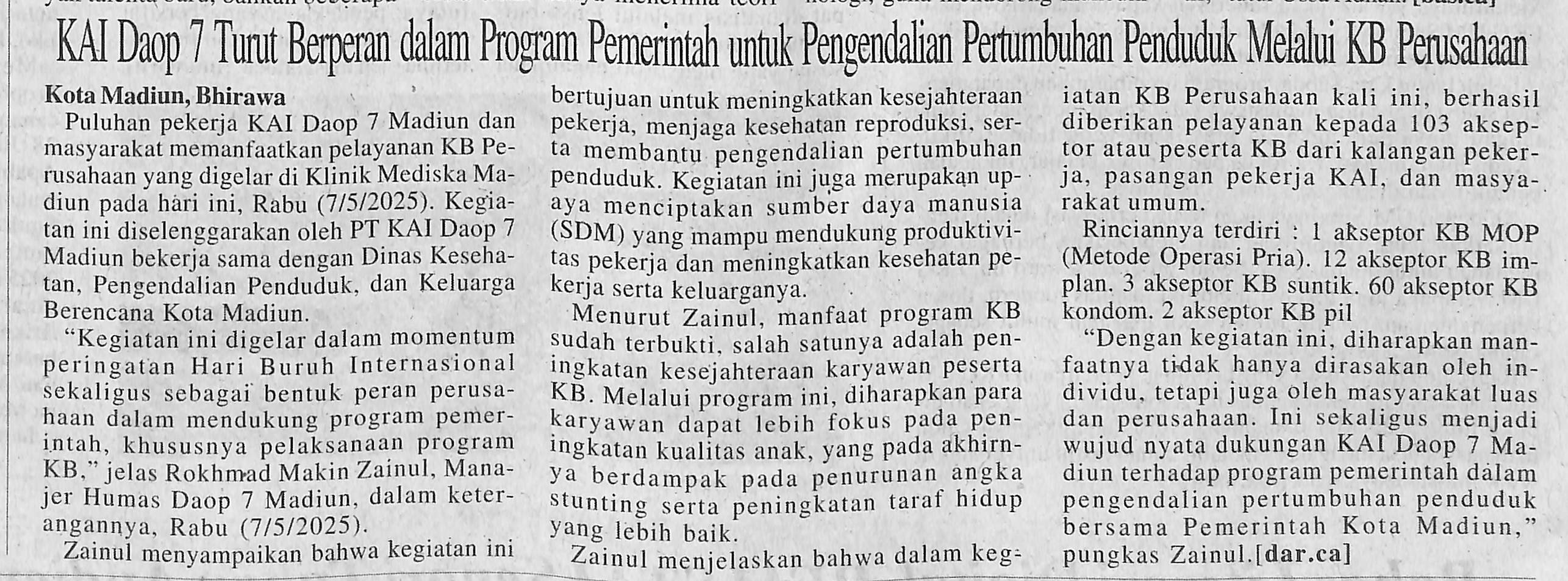 KAI Daop 7 Turut Berperan dalam Program Pemerintah untuk mengendalikan Pertumbuhan Penduduk Melalui KB Perusahaan