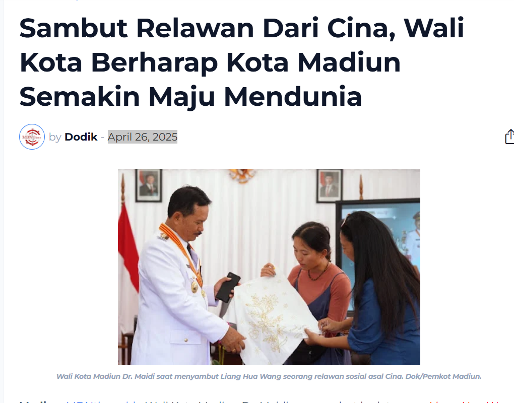 Sambut Relawan Dari Cina, Wali Kota Berharap Kota Madiun Semakin Maju Mendunia