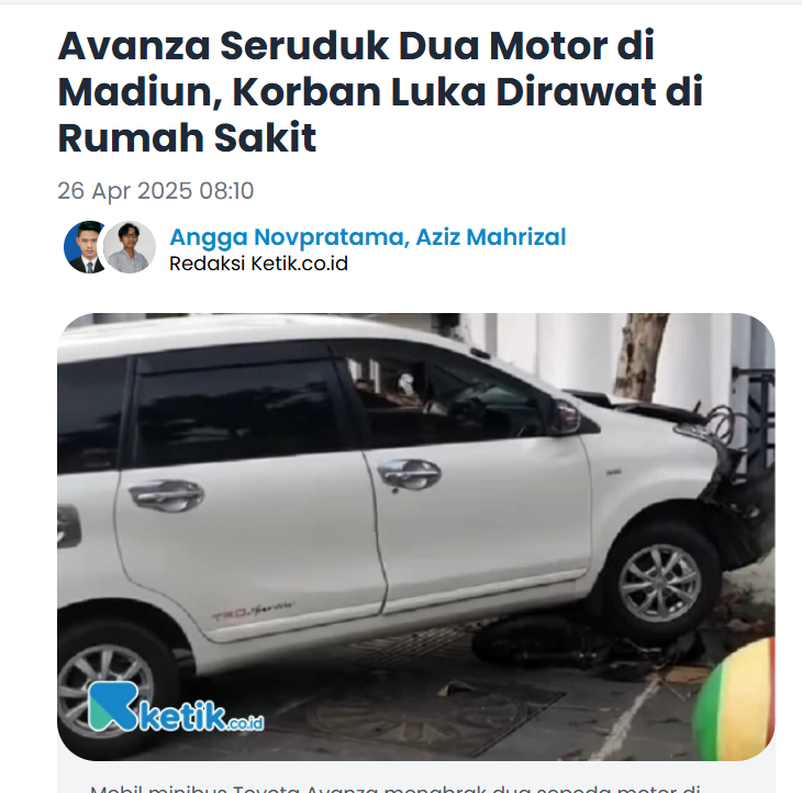 Avanza Seruduk Dua Motor di Madiun, Korban Luka Dirawat di Rumah Sakit