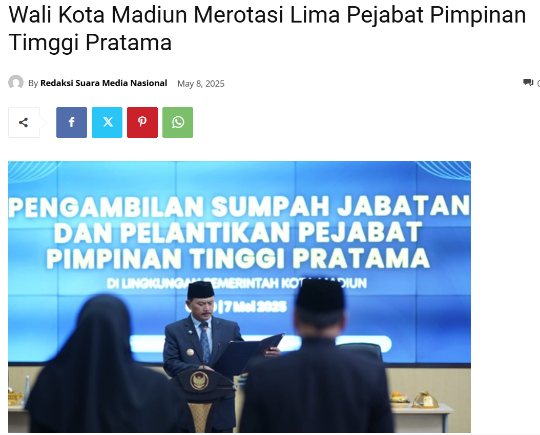 Wali Kota Madiun Merotasi Lima Pejabat Pimpinan Timggi Pratama