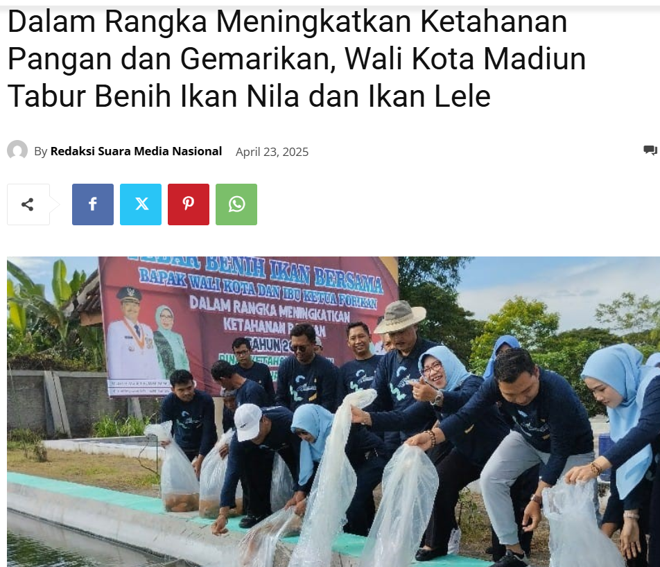 Dalam Rangka Meningkatkan Ketahanan Pangan dan Gemarikan, Wali Kota Madiun Tabur Benih Ikan Nila dan Ikan Lele