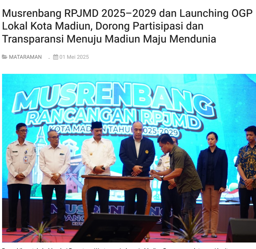 Musrenbang RPJMD 2025–2029 dan Launching OGP Lokal Kota Madiun, Dorong Partisipasi dan Transparansi Menuju Madiun Maju Mendunia