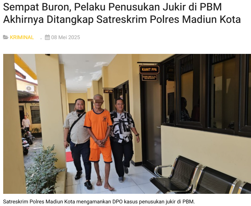 Sempat Buron, Pelaku Penusukan Jukir di PBM Akhirnya Ditangkap Satreskrim Polres Madiun Kota