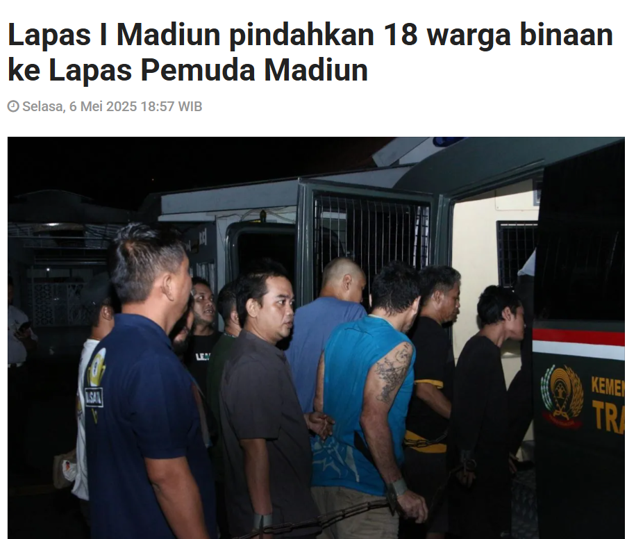 Lapas I Madiun pindahkan 18 warga binaan ke Lapas Pemuda Madiun