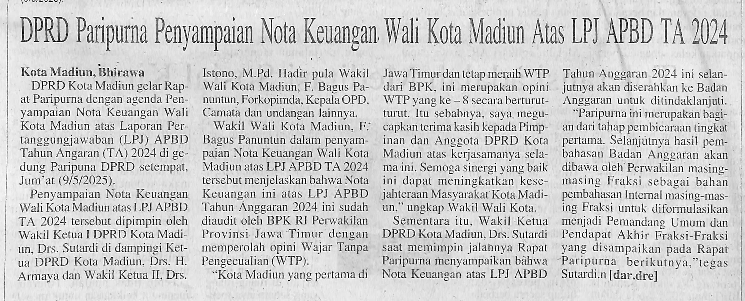 DPRD Paripurna Penyampaian Nota Keuangan. Wali Kota Madiun Atas LPJ APBD TA 2024