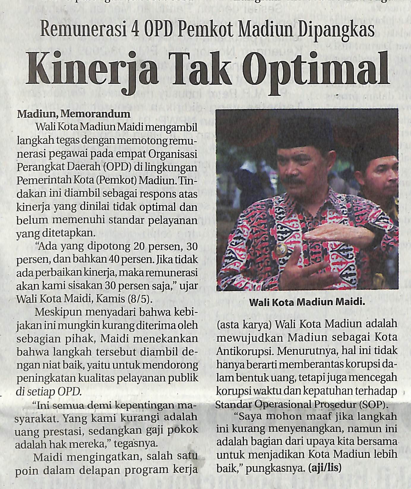 Remunerasi 4 OPD Pemkot Madiun Dipangkas Kinerja Tak Optimal