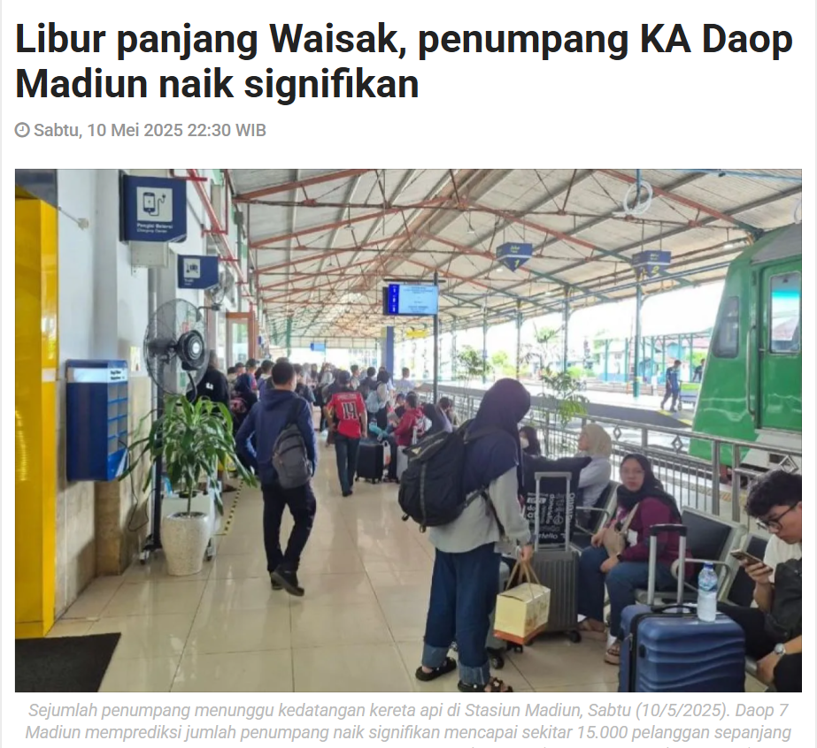 Libur panjang Waisak, penumpang KA Daop Madiun naik signifikan