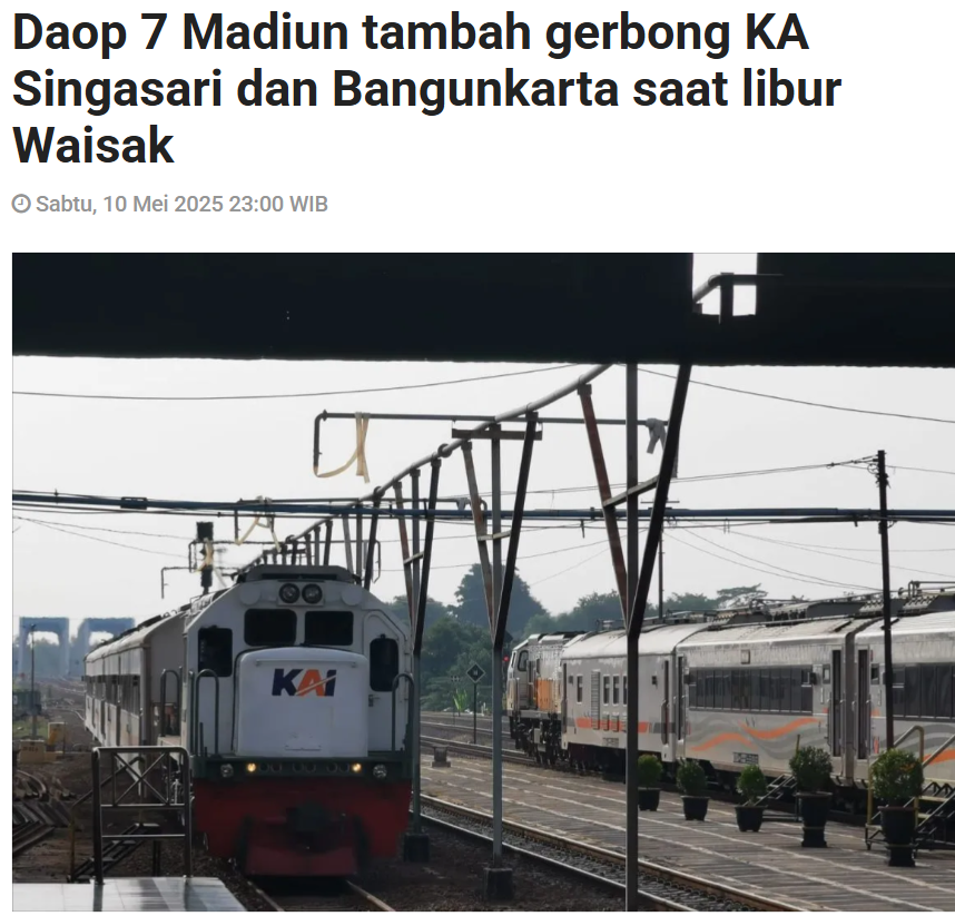 Daop 7 Madiun tambah gerbong KA Singasari dan Bangunkarta saat libur Waisak