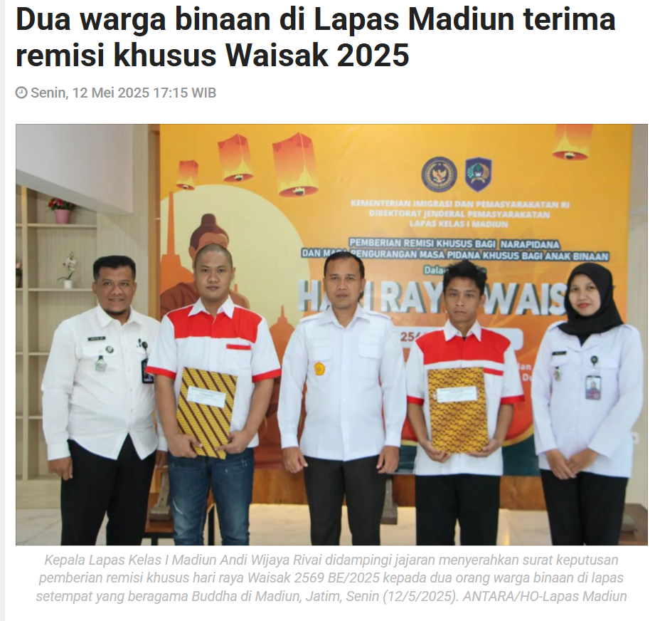 Dua warga binaan di Lapas Madiun terima remisi khusus Waisak 2025