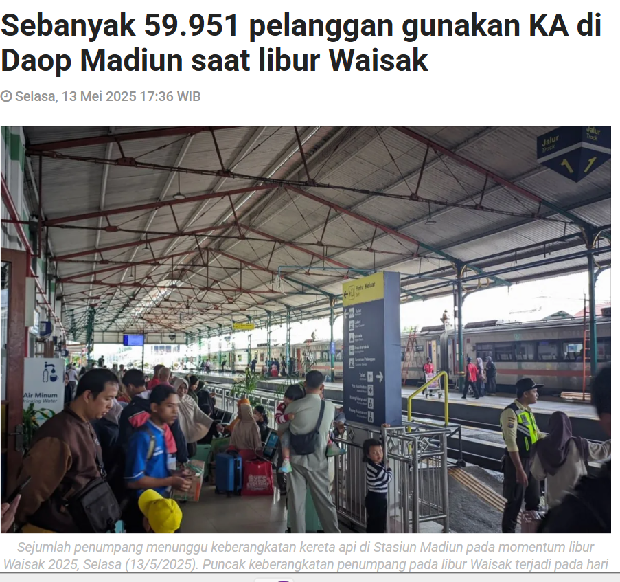 Sebanyak 59.951 pelanggan gunakan KA di Daop Madiun saat libur Waisak