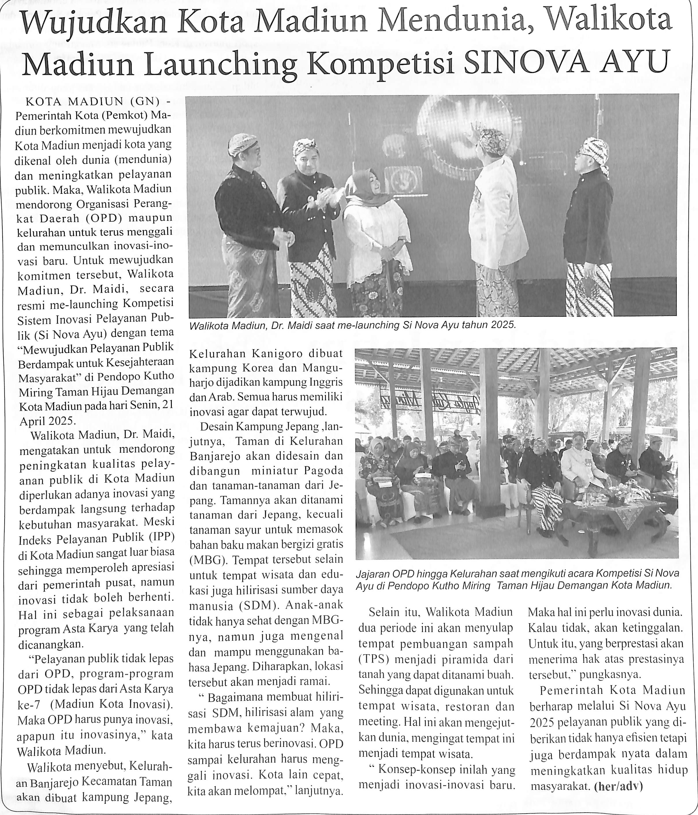 Wujudkan Kota Madiun Mendunia, Walikota Madiun Launching Kompetisi SINOVA AYU