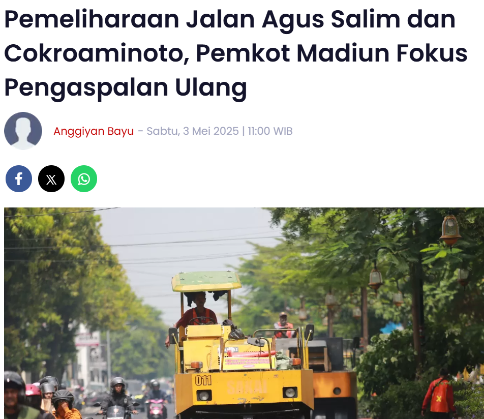 Pemeliharaan Jalan Agus Salim dan Cokroaminoto, Pemkot Madiun Fokus Pengaspalan Ulang