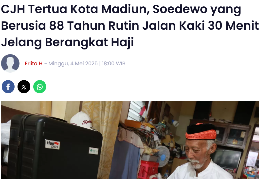 CJH Tertua Kota Madiun, Soedewo yang Berusia 88 Tahun Rutin Jalan Kaki 30 Menit Jelang Berangkat Haji