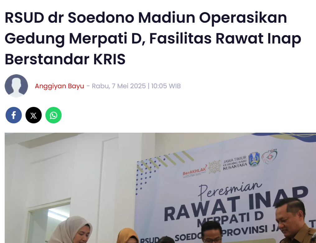 RSUD dr Soedono Madiun Operasikan Gedung Merpati D, Fasilitas Rawat Inap Berstandar KRIS