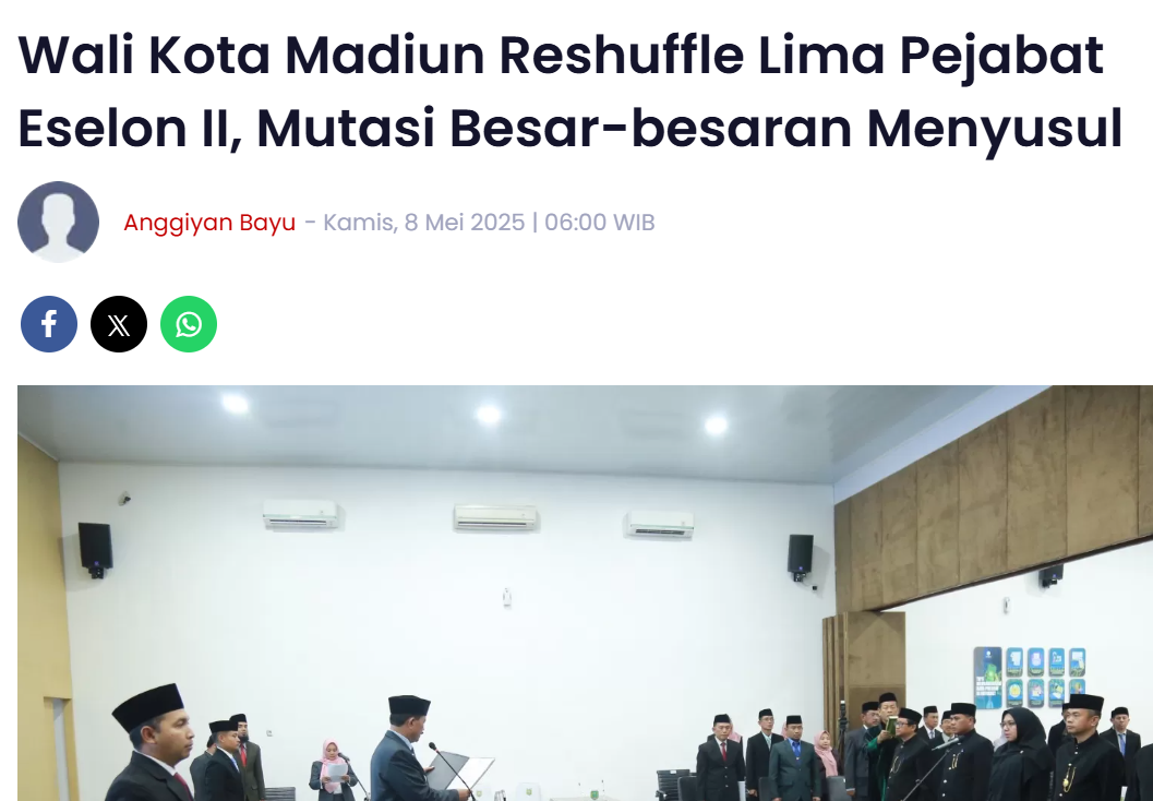 Wali Kota Madiun Reshuffle Lima Pejabat Eselon II, Mutasi Besar-besaran Menyusul