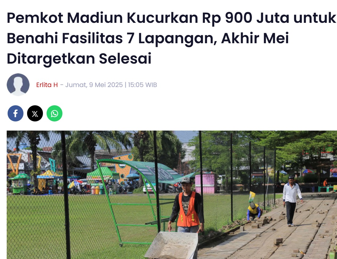 Pemkot Madiun Kucurkan Rp 900 Juta untuk Benahi Fasilitas 7 Lapangan, Akhir Mei Ditargetkan Selesai