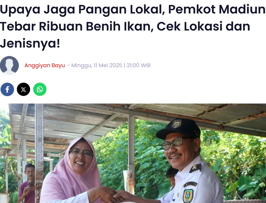 Upaya Jaga Pangan Lokal, Pemkot Madiun Tebar Ribuan Benih Ikan, Cek Lokasi dan Jenisnya