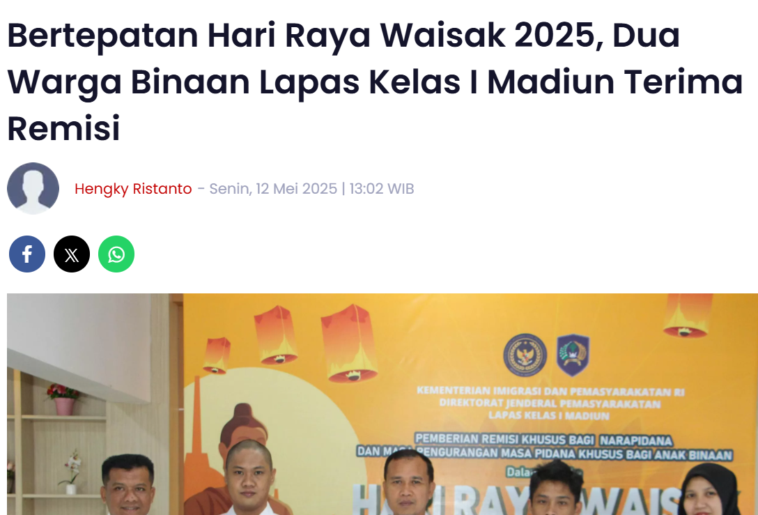 Bertepatan Hari Raya Waisak 2025, Dua Warga Binaan Lapas Kelas I Madiun Terima Remisi