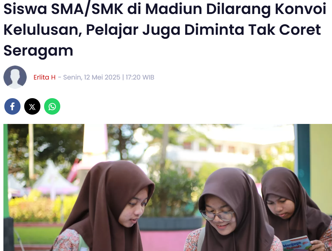 Siswa SMA/SMK di Madiun Dilarang Konvoi Kelulusan, Pelajar Juga Diminta Tak Coret Seragam