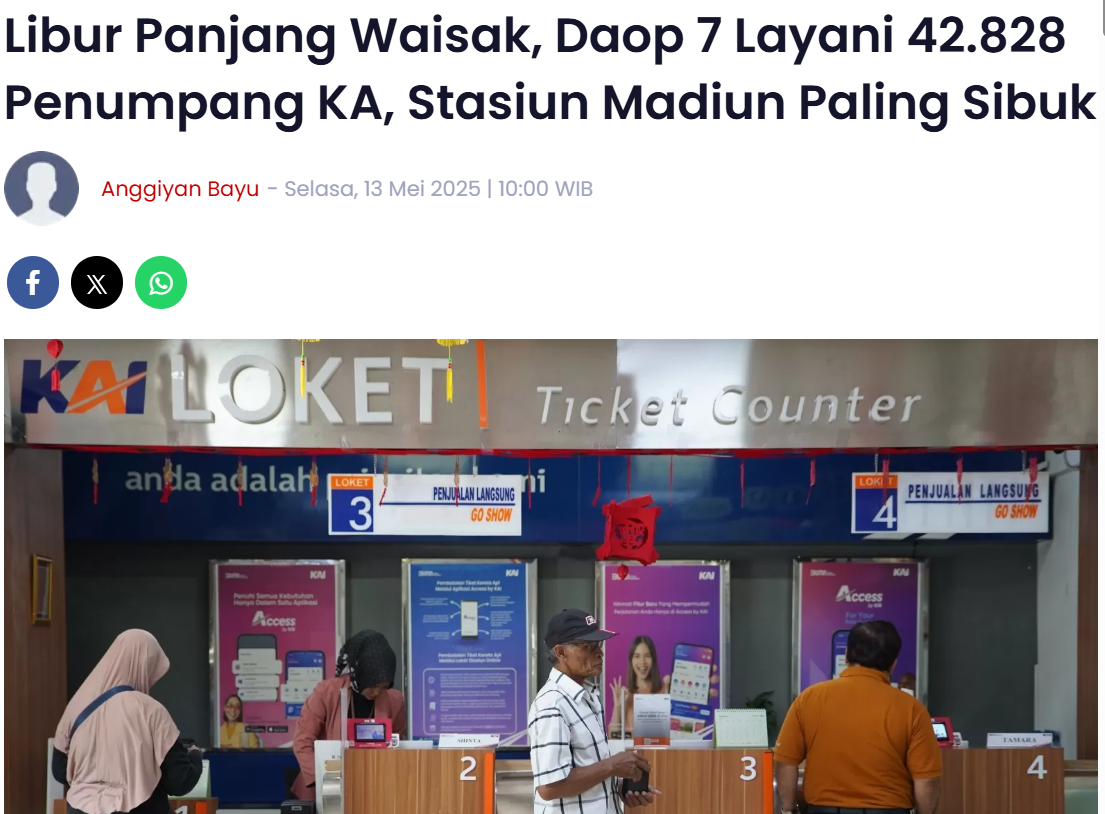Libur Panjang Waisak, Daop 7 Layani 42.828 Penumpang KA, Stasiun Madiun Paling Sibuk