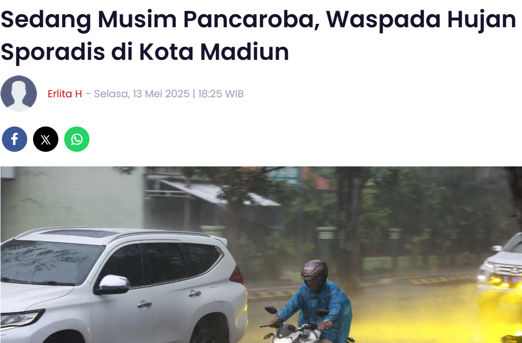 Sedang Musim Pancaroba, Waspada Hujan Sporadis di Kota Madiun