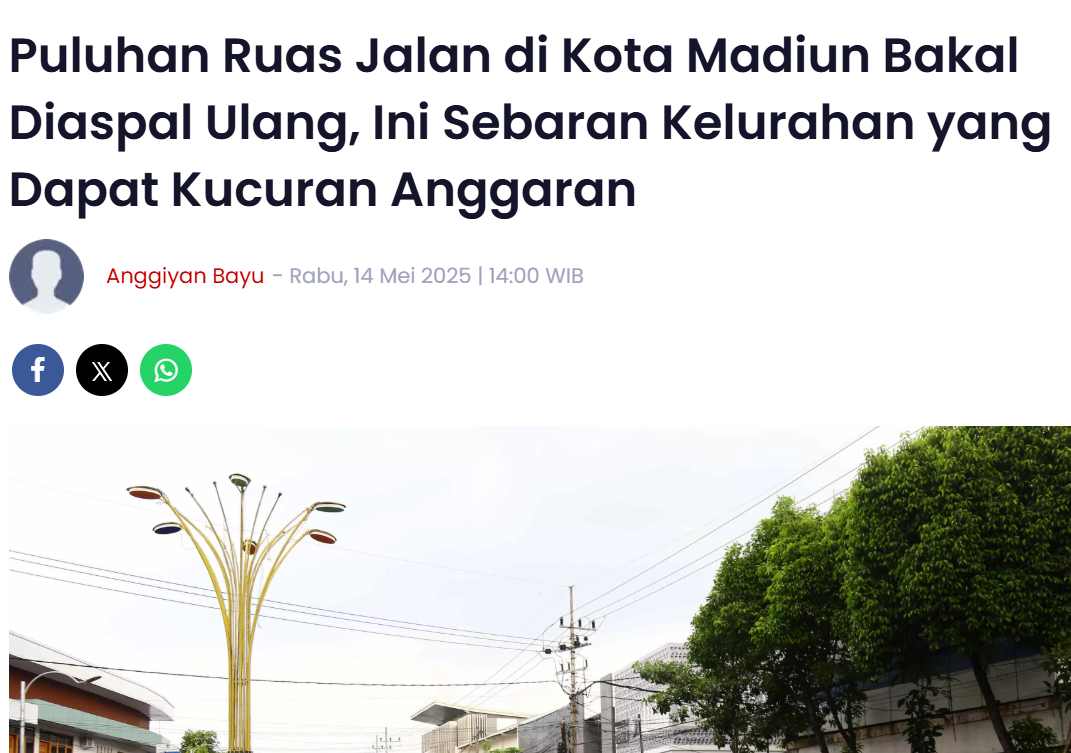 Puluhan Ruas Jalan di Kota Madiun Bakal Diaspal Ulang, Ini Sebaran Kelurahan yang Dapat Kucuran Anggaran
